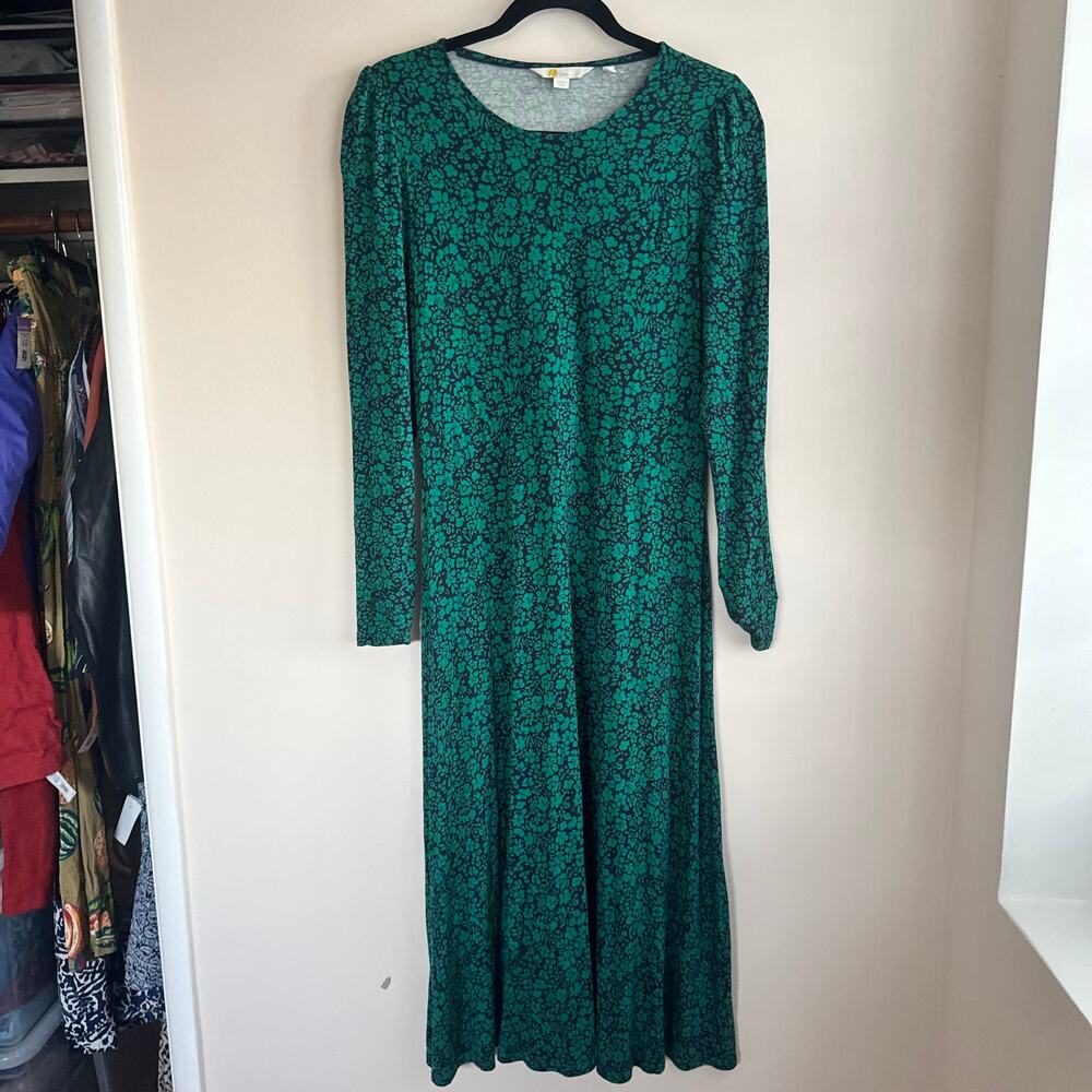 Boden Shift Midi Dress Blue Green Floral Round Neck Jersey Long Sleeve Size 6R